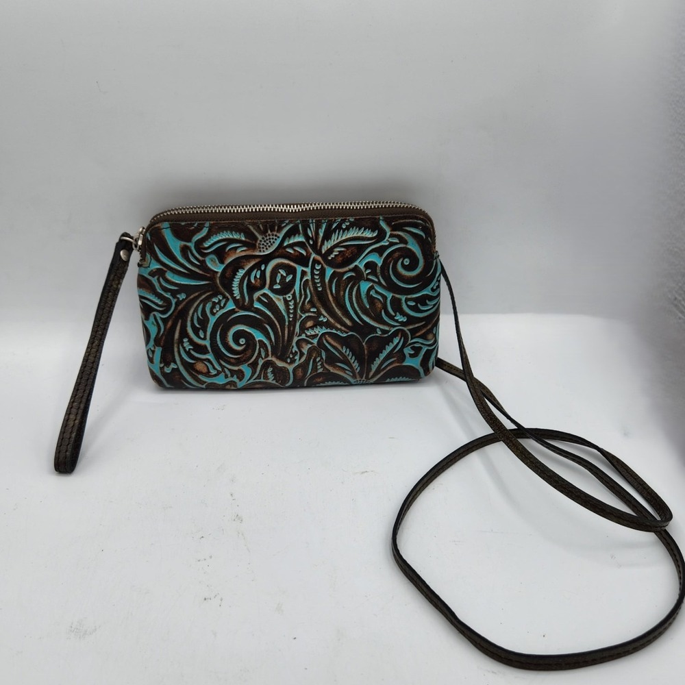 Patricia Nash Melissana Tooled Turquoise Brown Crossbody Wristlet Leather